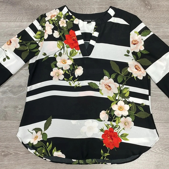 Zac & Rachel 3/4 Sleeve V-Neck Blouse Black White Striped Floral PM - Picture 3 of 15